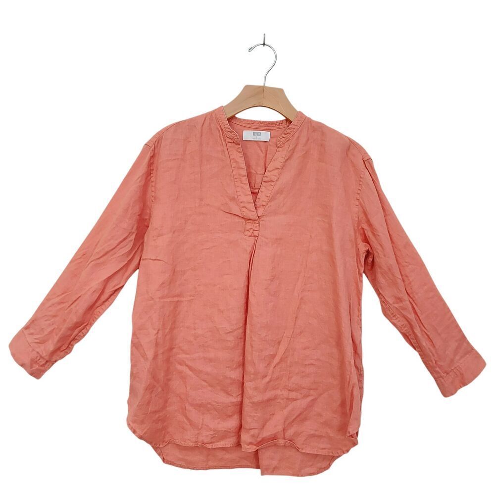 Uniqlo Linen Top Blouse Womens Small Pink Coral 3/4 Sleeves Coastal Beach Summer